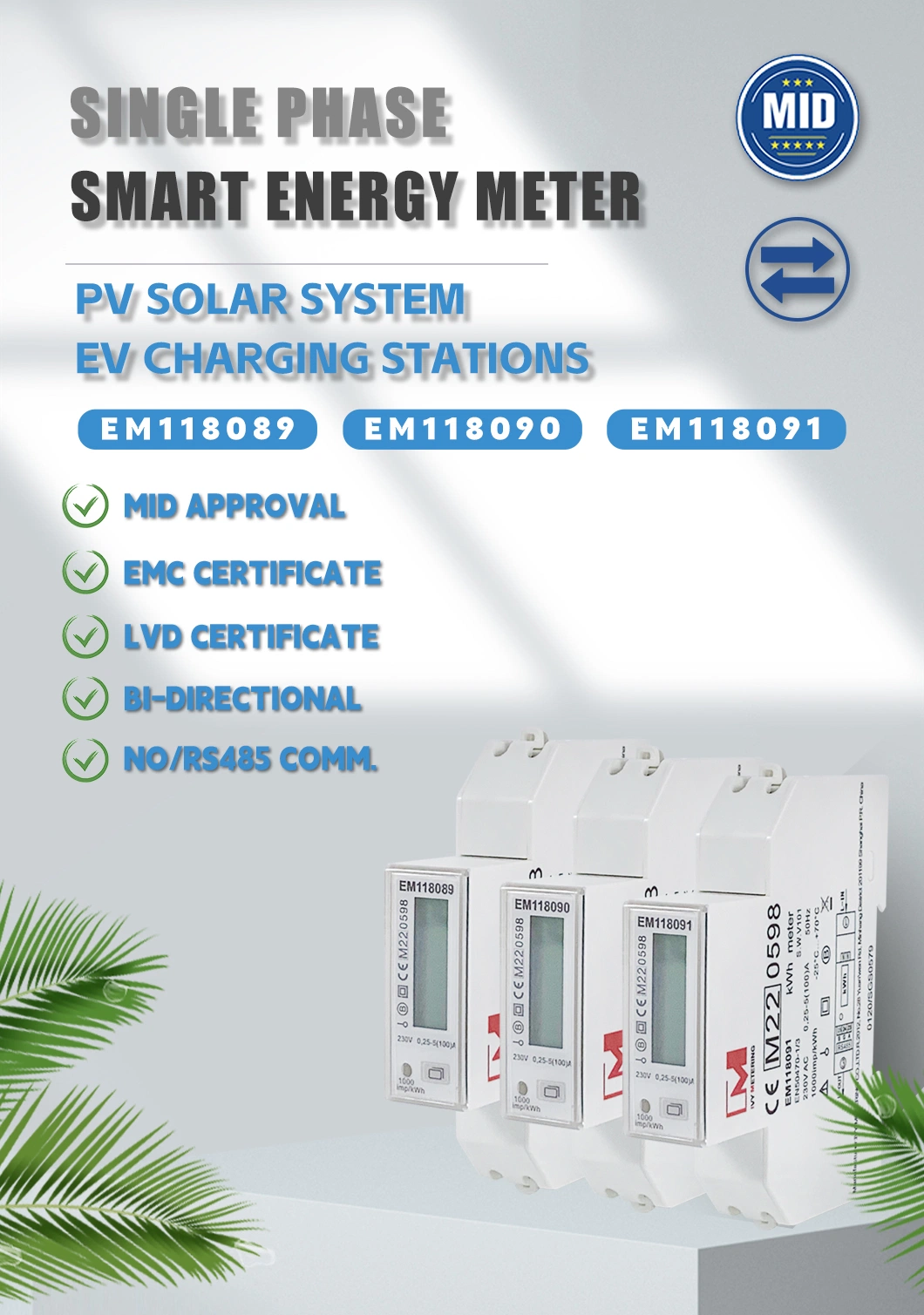 MID Single Phase RS485 Modbus Bidirectional Smart Electricity Energy Meter for EV Charging Solution